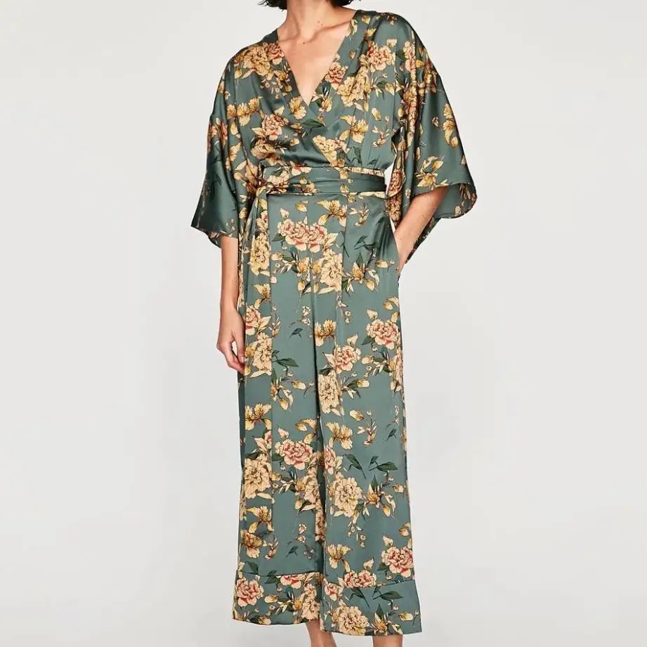 

Deep V-Neck Floral Print Jumpsuit Women Belted Bow Loose Jumpsuit 2018 Beach Casual playsuits