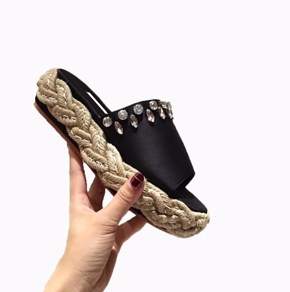 Abierta blue Verano Nuevo Moda Mujeres Azul Pendiente On Zapatillas Zapatos De Punta Rhinestone Heel Sólido Negro Black Mujer Slip rBBOqnUW