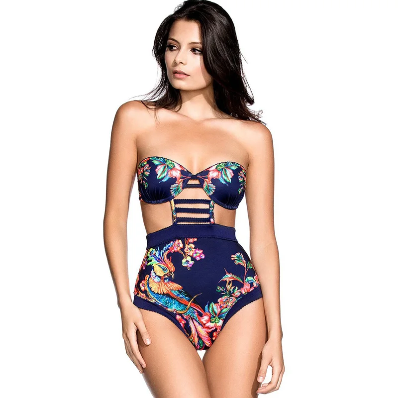 

Sexy Swimwear Women Print One Piece Swimsuit Hollow High Cut Monokini Vintage New Bathing Suits Swimming Suit Trikini