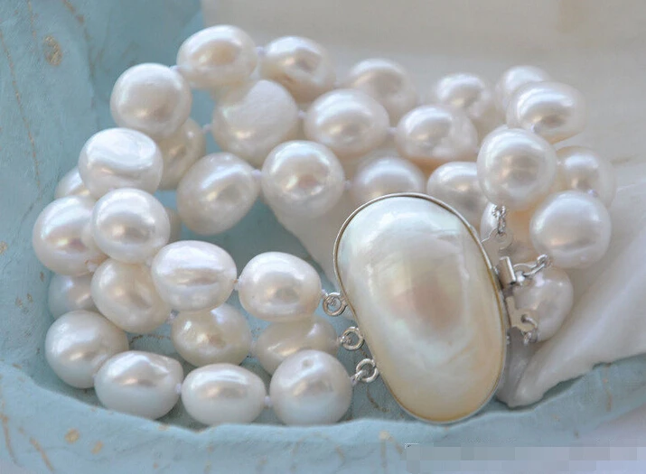 

z5692 3ROW 8" 15mm BAROQUE WHITE FRESHWATER PEARL BRACELET MABE@^Noble style Natural Fine jewe FREE SHIPPING