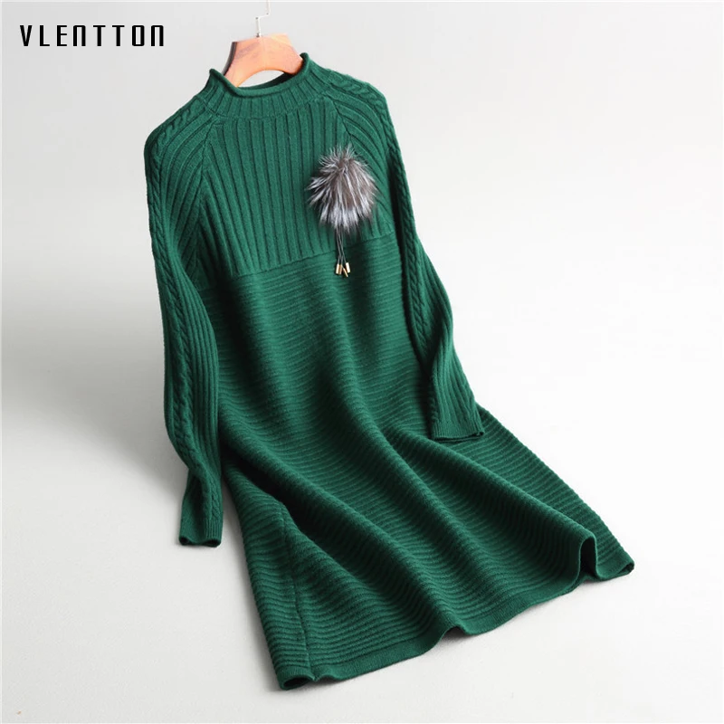 

Winter Dress High Quality Sweater Women Turtleneck Collar Knit A-line Long Dresses Long Sleeves Mid Calf Dresses