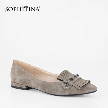 

SOPHITINA Handmade Woman Flats 2019 New Fashion Elegant Pointed Toe Fringe Lady Shoes Pink Black Genuine Leather Rivet Flats P45