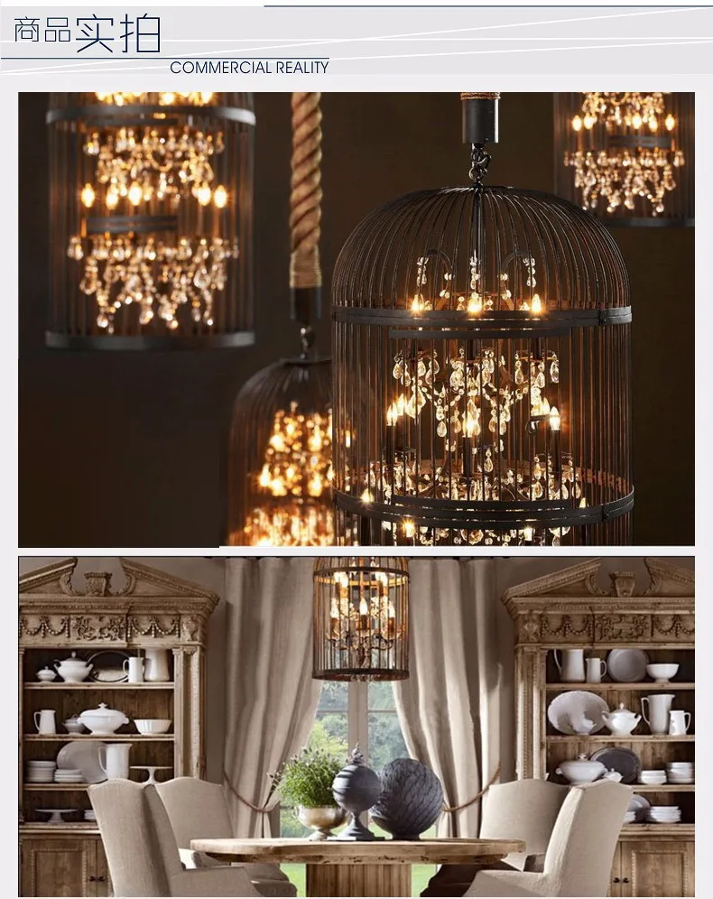 Best American Village industrial loft style retro iron crystal  Birdcage pendant lamp D35*H60CM 1