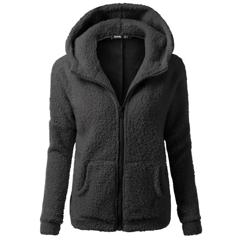 Женский свитер с капюшоном, зимнее теплое шерстяное пальто на молнии, хлопковое пальто, верхняя одежда, Veste Femme Manche Longue - Цвет: Черный