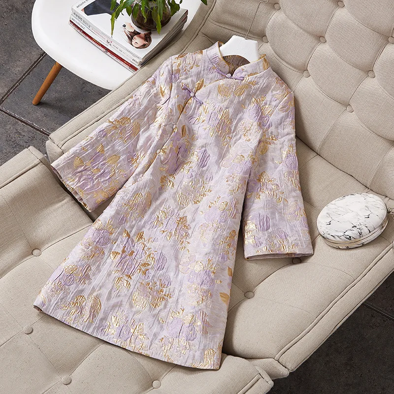 Winter Women Jacquard Flower Cheongsam Elegant Cotton Mini Evening Dress Vintage Improved Long Sleeve Qipao Vestidos S M L XL