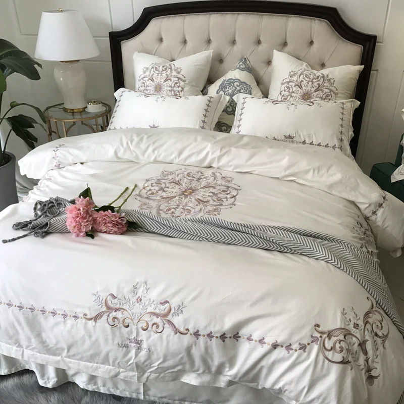 

Svetanya Embroidered Bedding Set luxury Bedlinen Queen King Size Egyptian Cotton Quilt Cover Sets White