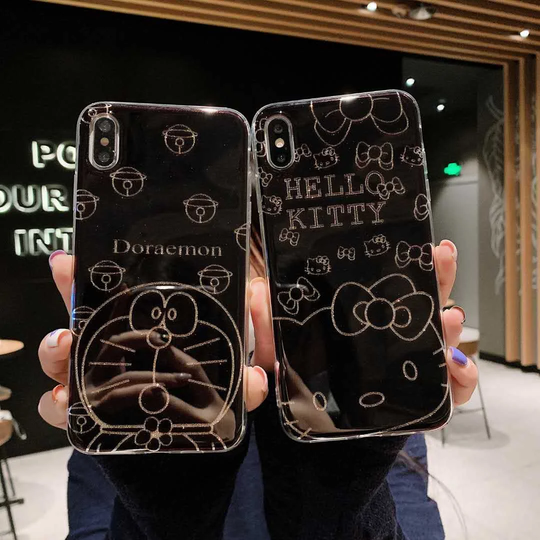 

Animated jingle cat electroplating glitter case for iPhone 6 6S 78 plus x xs max xr Kitty tempered glass screen film cover