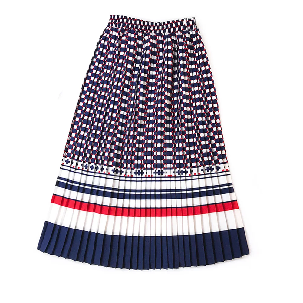 Женская плиссированная юбка полосатая клетчатая графика уличная до середины икры Высококачественная эластичная длинная юбка вечерние синие желтые новая дизайнерская юбка