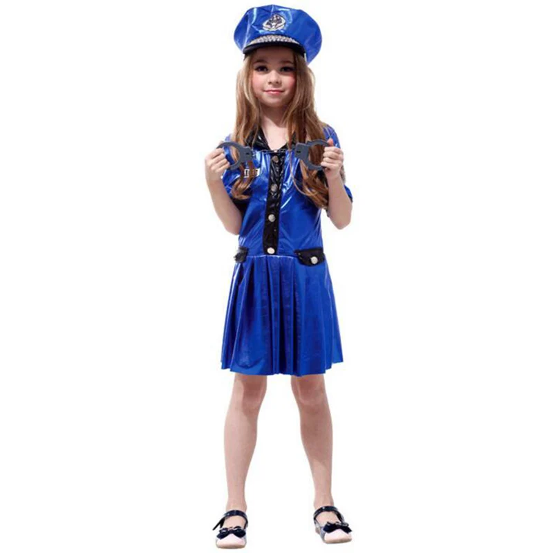 Girl's Blue Coolest Policeman Dress Costume For Cute Girl Festive Party Policewoman Cosplay High Quality Blue Dress With Hat 