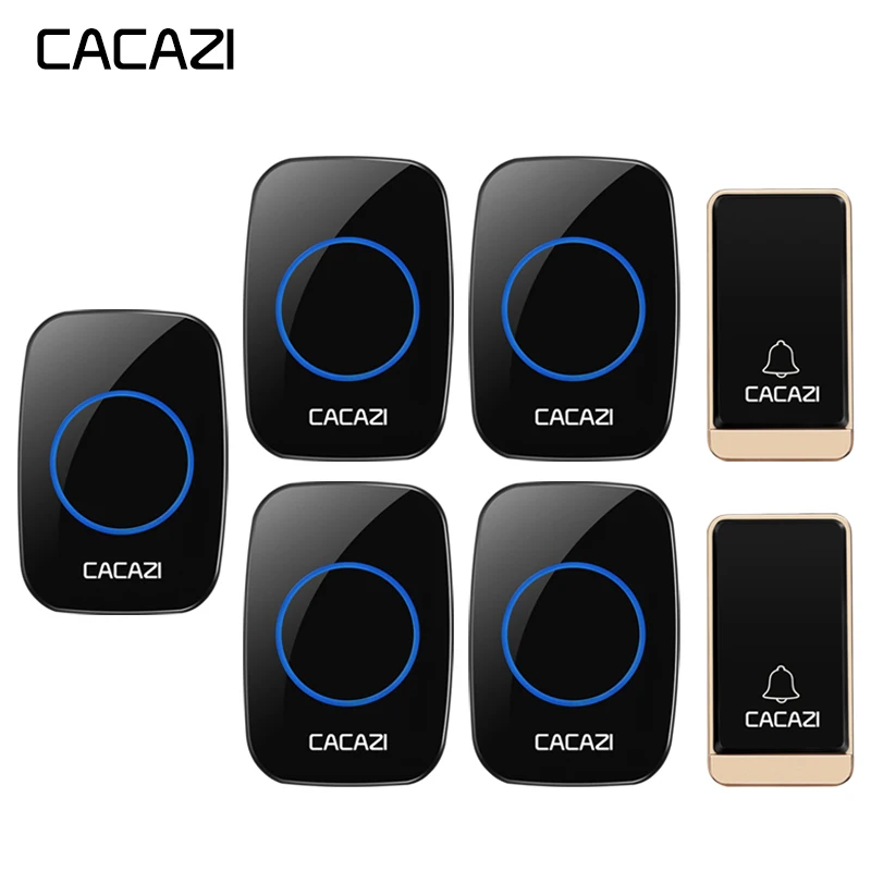 

CACAZI Self-powered Wireless Doorbell Waterproof No battery 2 Button 5 Receiver LED light EU Plug Cordless DoorBell 200M Remote