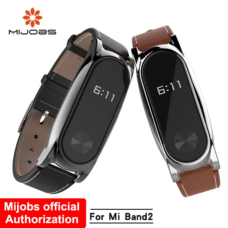 Ремешок Mijobs из натуральной кожи для Xiaomi Mi Band 2 с металлической рамкой Безвинтовой