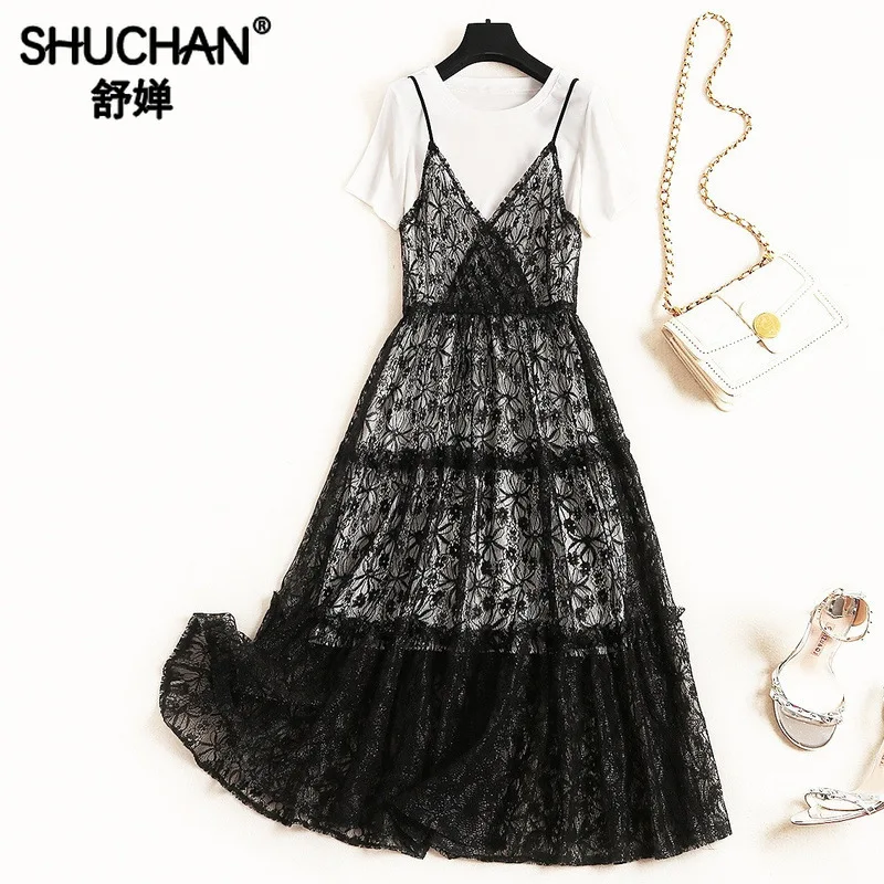 

Shuchan Womens Two Piece Sets 2019 T-shirt Dress with Short Sleeve+lace Spaghetti Strap Dresses To Knee-Length Womens Suit 11335