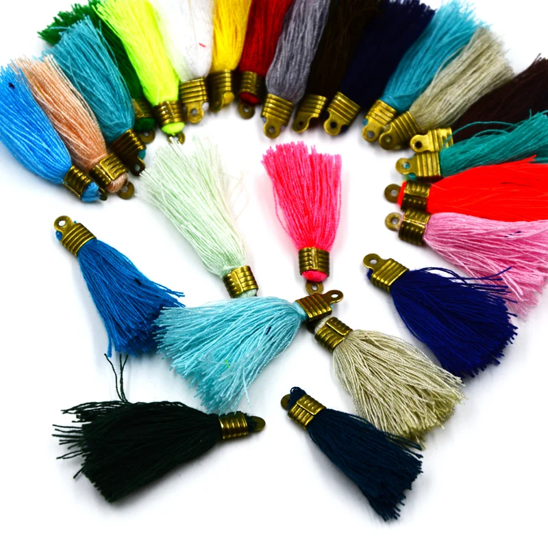 50pc 32mm Mini Cotton Tassels Charm Pendant With Bronze Crimp Caps Lot