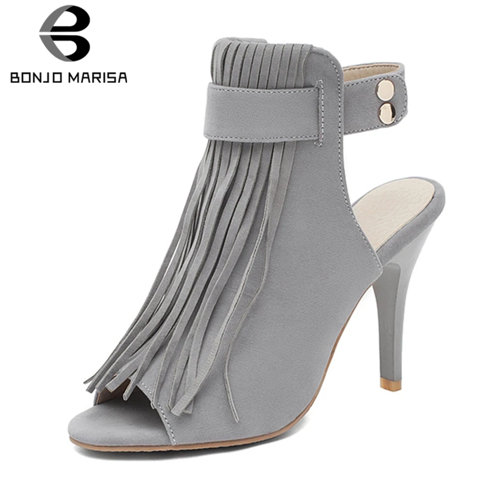 

BONJOMARISA Brand New Big Size 34-43 Fringe Peep Toe Ladies High Heels Women Shoes Woman Casual Party Ol Sexy Summer Sandals