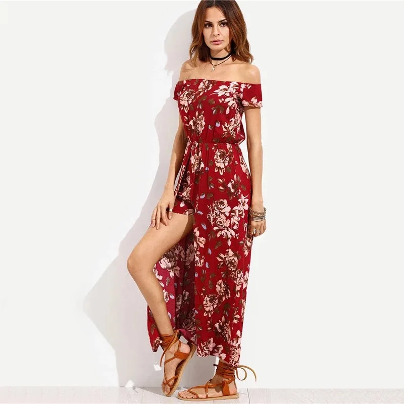 

Women Summer Sexy Slash Neck High Waist Beach Long Dress Loose Print Off the Shoulder Ankle Length Maxi Dress with Shorts