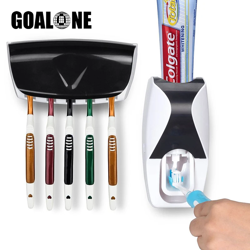 

GOALONE Bathroom Set Automatic Toothpaste Dispenser with Super Sticky Suction Pad Bathroom Wall Mounted 5Pcs Toothbrush Holders