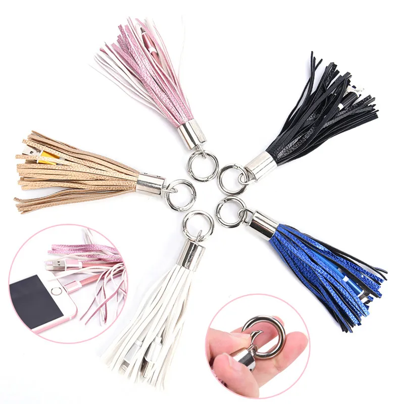 

Cable Leather Tassel Keychain Mini USB Cable Fast Charger Metal Keyring Creative Data Cable Cord Charging Adapter For IPhone
