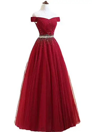

Off Shoulder Beaded Tulle Prom Evening Dress Long 2019 Formal Dresses