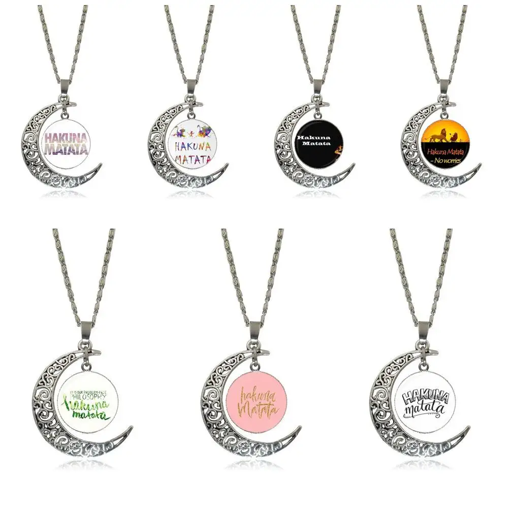 

EJ Glaze Hakuna Matata Inspirational Silver Color Glass Cabochon With Hollow Out Moon Shaped Pendant Choker Necklace For Women