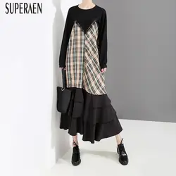 SuperAen Европа 2019 Новая мода женское длинное платье с длинным рукавом Хлопок Повседневное платье женский плед рюшами круглый воротник платья