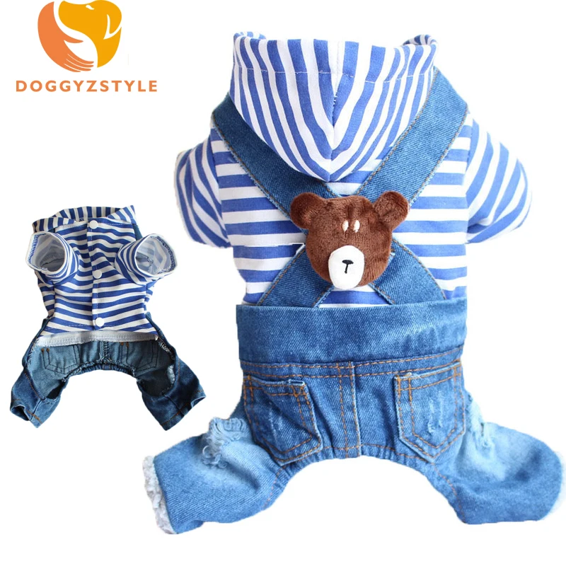 Denim Stripe Pet Jumpsuits Dog Clothes Puppy Cat Hoodie Jean Coat Four