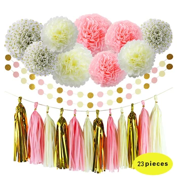 

HAOCHU 23pcs 10'' 12'' Pink Gold Paper Pom Pom Tissue Ball Flowers Tassel Garland Wedding Decoration Market Window DIY Wreath