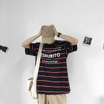 

2019 Spring And Summer New Large Size Couple Loose Hong Version Men's Youth Striped English Print Short-sleeved T-shirt