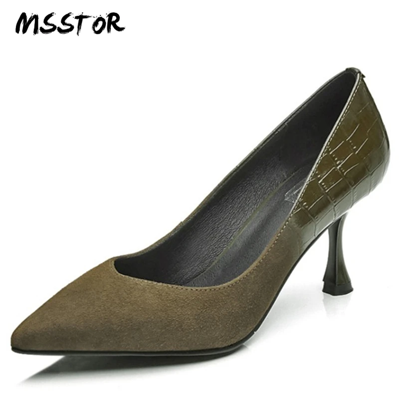 

MSSTOR Retro Kid Suede Pumps Black Plus Size 34-42 Pointed Toe Shallow Concise Woman Shoes 2018 Spring Thin Heels Ladies Shoes