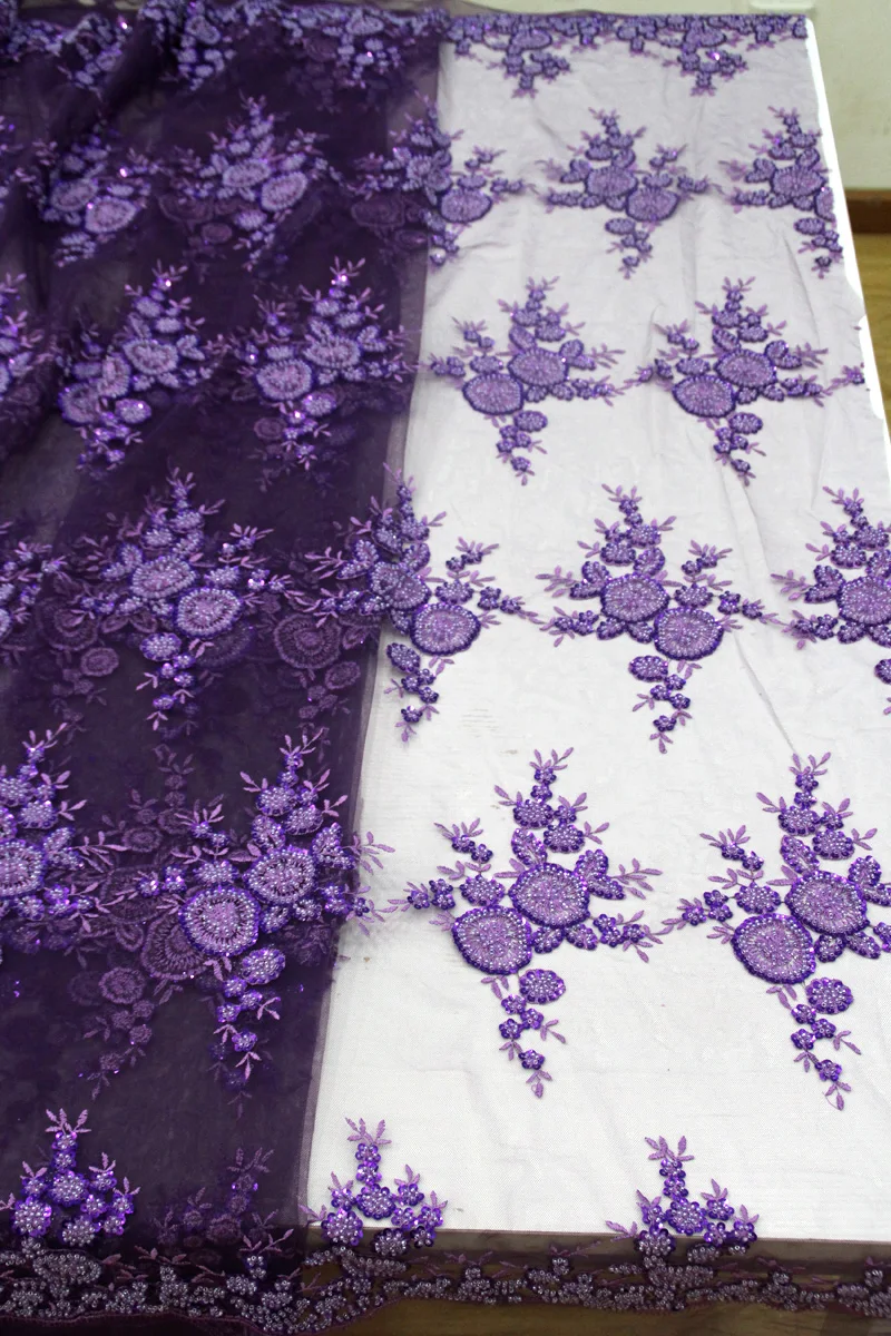 

French Tulle Lace With Beads Fashion African Lace Fabric 2017 High Quality Lace Embroidery Nigerian Lace Fabrics purple