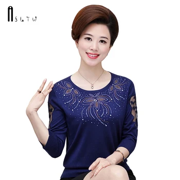 

ASLTW New Women's Sweater Spring Autumn Fashion Lace Diamond Upscale Pullover Three Quarter Sleeve Thin Sweater Women