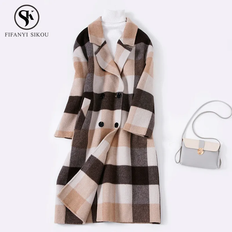 

Alpaca Long Coats Autumn Winter Classic Double Breasted Plaid Wool coat Thick warm Ladies Double sided cashmere Outerwear LGP843