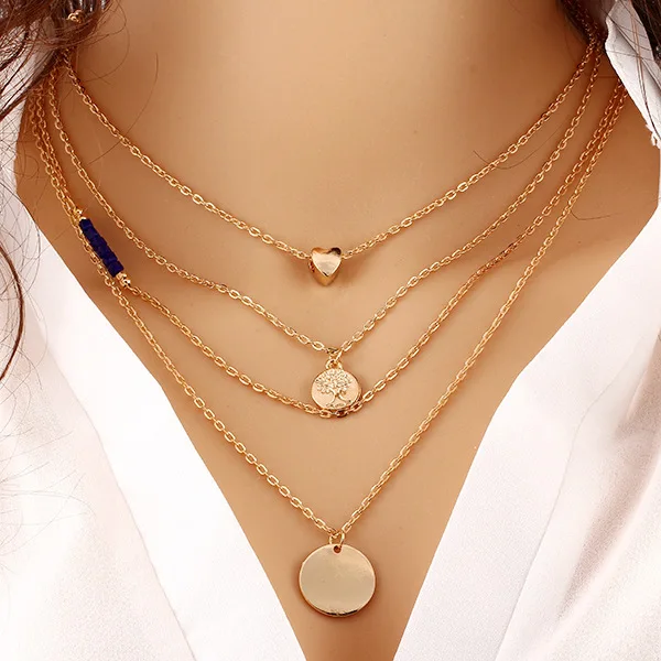 

Fashion Women Gold Round Star 4 Layer Chain Necklaces Exquisite Anti Allergy Party Office OL Ladies Clavicle Necklace Jewelry