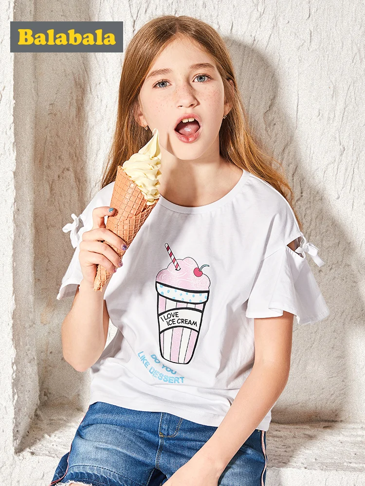 

Balabala 2019 New Summer Baby Girls Tshirt Candy Color Off-shoulder Short Sleeved Kids T-shirt Cotton Clothes Tops
