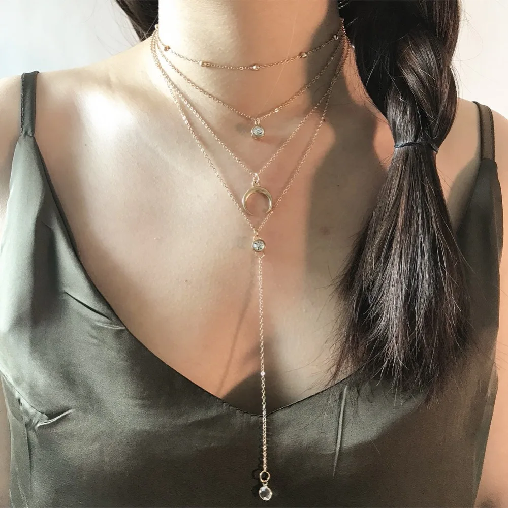 

Vintage Alloy Crescent Pendant Four Layers Long Chain Crystal Pendant Necklace Set Women Jewelry Gift New #264284