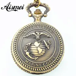 Соединенные Штаты морской пехоты бронзовый античный кварцевые карманные часы с цепочкой мужские кулон часы 5 шт./лот