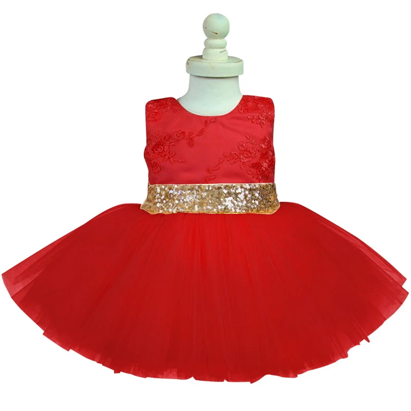 Платье с большим блестками и бантом для новорожденных девочек, костюм для первого дня рождения, вечерние платья для младенцев, Детский костюм для девочек, детская одежда - Цвет: Red