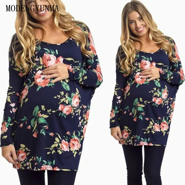 MODENGYUNMA Pregnant Maternity New Long Sleeve Round Neck Maternity Clothes Medium And Long Section Pregnancy Tee Shirt Vestidos