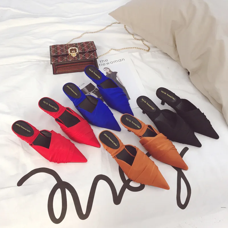 

Women's Slippers 2019 Shoes Heeled Mules Pointed Toe Thin Heels Slides Med New Sliders Luxury Cover PU Rubber