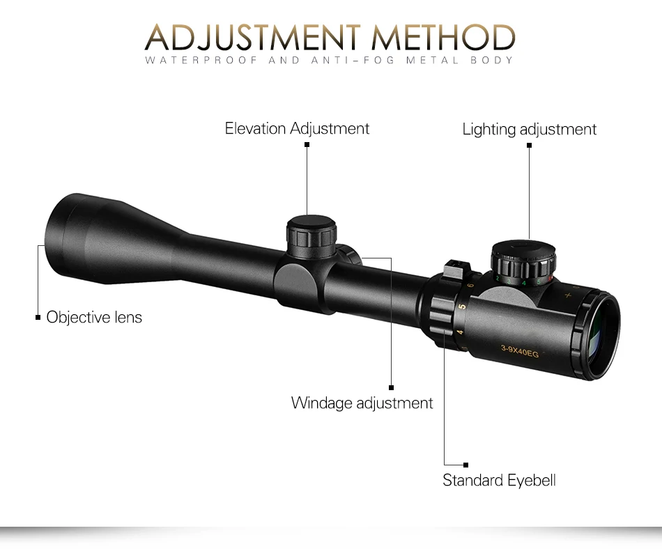 Тактический Золотой 3-9x40 EG Riflescope Регулируемый зеленый красный точечный охотничий прицел оптическая винтовка для снайперского воздушного пистолета