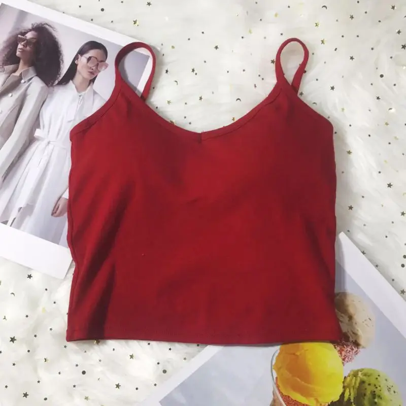 Womens Summer Spaghetti Strap Sexy Low Cut U Backless Crop Top Solid Color Basic Camisole Slim Fit Removable Padded Sling Vest