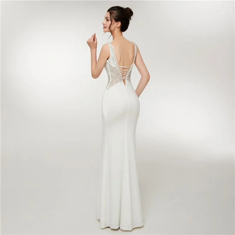 Elegant White Evening Dress Long 2018 Mermaid V Neck Beaded Crystal Backless Women Formal Party Dresses Vestido De Festa
