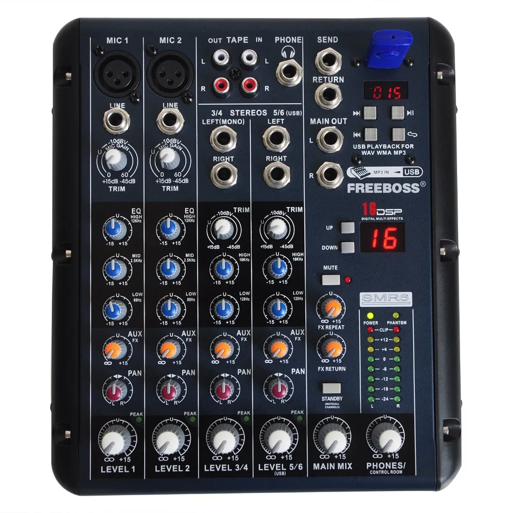 Prix pour Freeboss SMR6 2 Mono + 2 stéréo 6 Canaux 3 Band EQ 1AUX 1 Retour 16 DSP Effet USB Professionnel DJ Audio Mixer Console Prix pour Freeboss SMR6 2 Mono + 2 stéréo 6 Canaux 3 Band EQ 1AUX 1 Retour 16 DSP Effet USB Professionnel DJ Audio Mixer Console