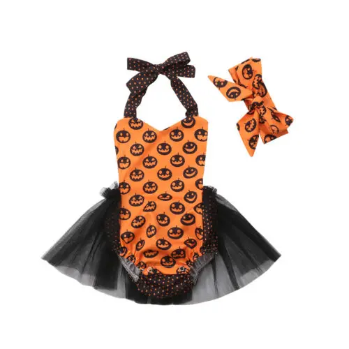 

Cute Baby Girl Party Bodysuit Cartoon Pumpkin Tutu Jumpsuit Halloween Infant Outfit Halter Backless Tutu Bodysuit+Headband 0-24M