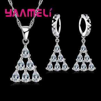 

Charm Women Triangle Shape Crystal Pendants Necklace Earrings Sets Gift Bridal Wedding 925 Sterling Silver Jewelry Sets