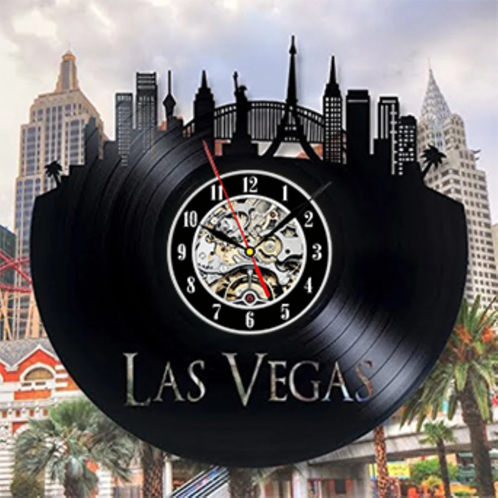 Free Shipping 1Piece Las Vegas Longplay Vinyl Record Wall Clock 12"Creative Modern Wall Art