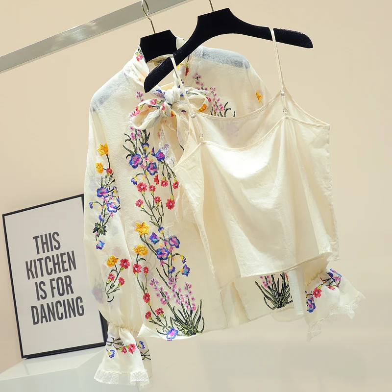 Рубашка с вышитыми цветами, Женская Корейская рубашка с бантом, женская новая модная шифоновая блузка с роговыми рукавами, весенние топы для девочек