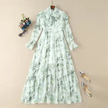 

Women Runway Dress 2019 High Quality O-Neck Long Sleeve Printed Maxi Dresses Casual Dresses Vestidos DX0625