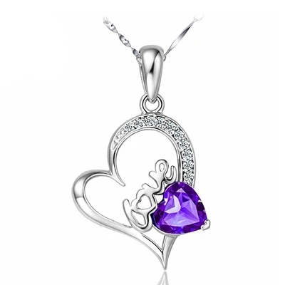 2Color Women Fashion Necklace Love Letter Heart Shape CZ Purple/Clear Crystal Pendant Necklace