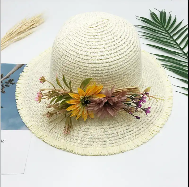 Floppy Foldable Ladies Women Straw Beach Sun Summer Hat Beige One Size Wide cb