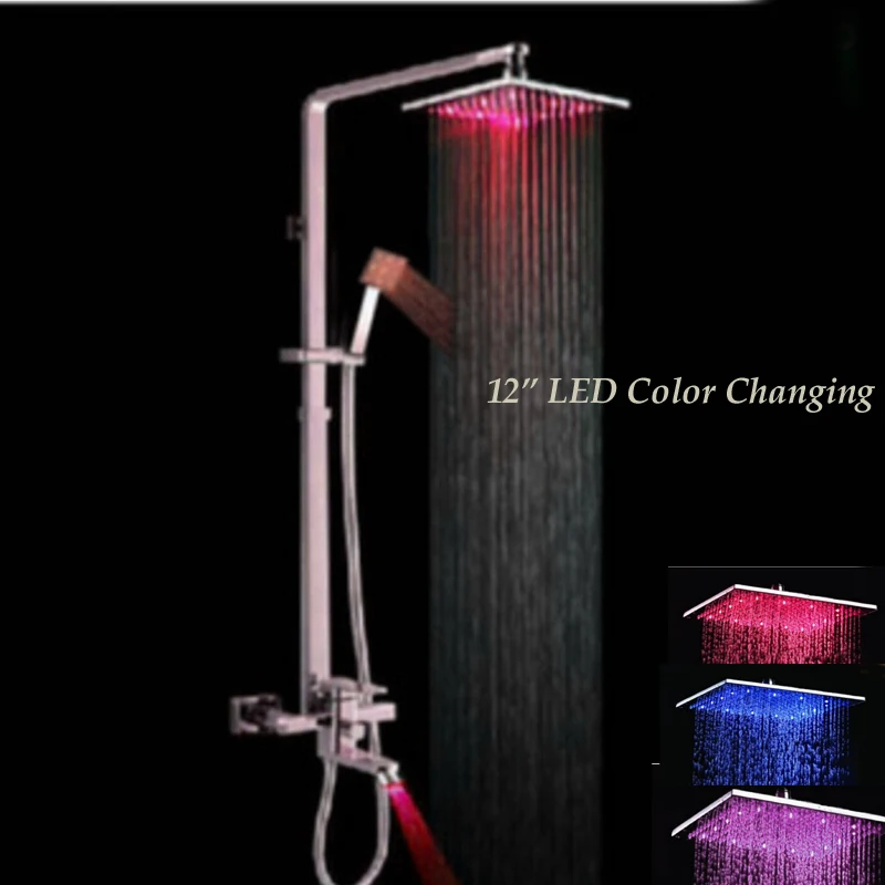 

Wholesale And Retail Modern 12" LED Color Changing Rain Shower Head Faucet Tub Spout Mixer Tap W/ LED Hand Shower